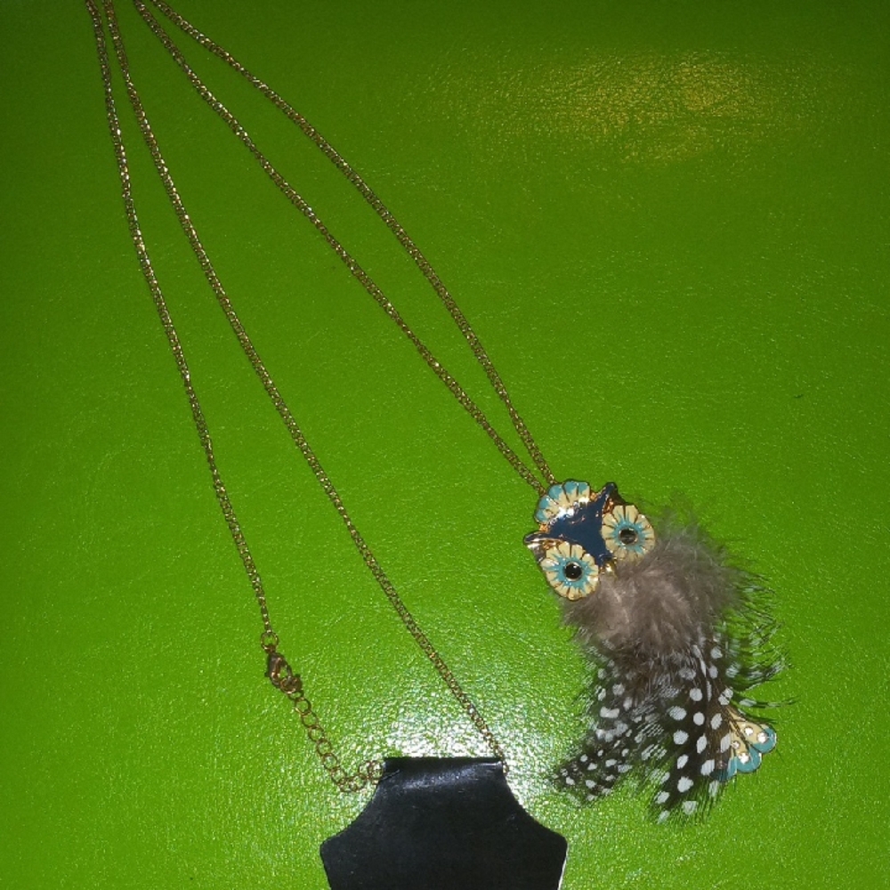 Source Unknown Gold Owl Necklace with Blue and Brown Accents